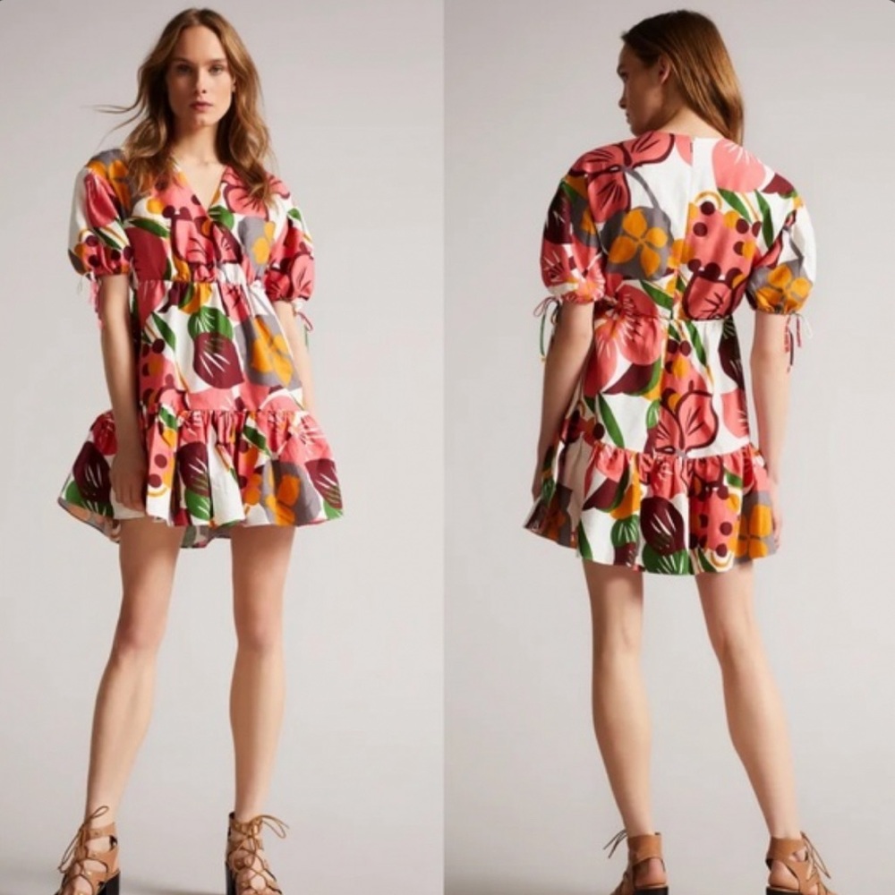 Ted Baker - Size 3 US 8 - Floral Linen Blend Mini Dress